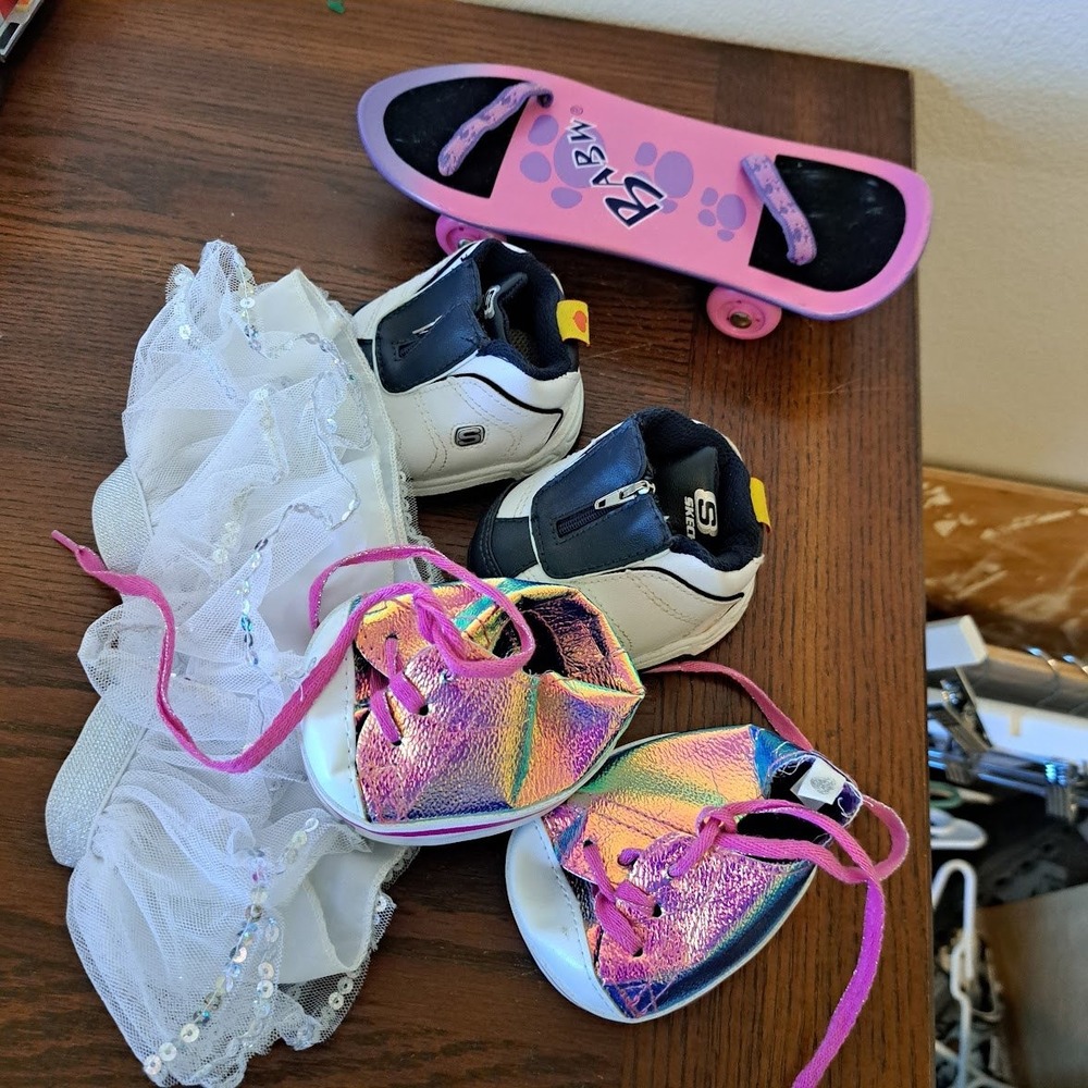 Build-A-Bear Workshop Accessory Lot Skechers Shoes Skateboard & Sequined Tutu